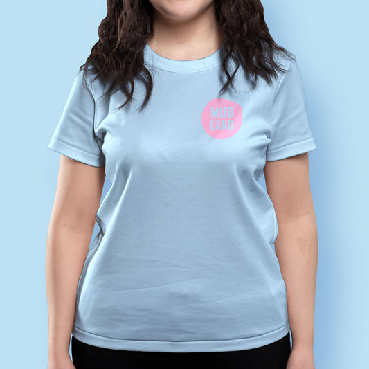 Mudland T-shirt - pink logo on light blue tee